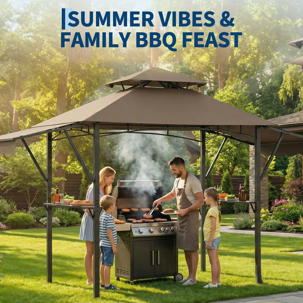 Garvee 8' × 5' Grill Gazebo with Dual Adjustable Awnings, 2-Tier Ventilated Canopy, Steel Frame, 2 Shelves & 7 Hooks, Brown
