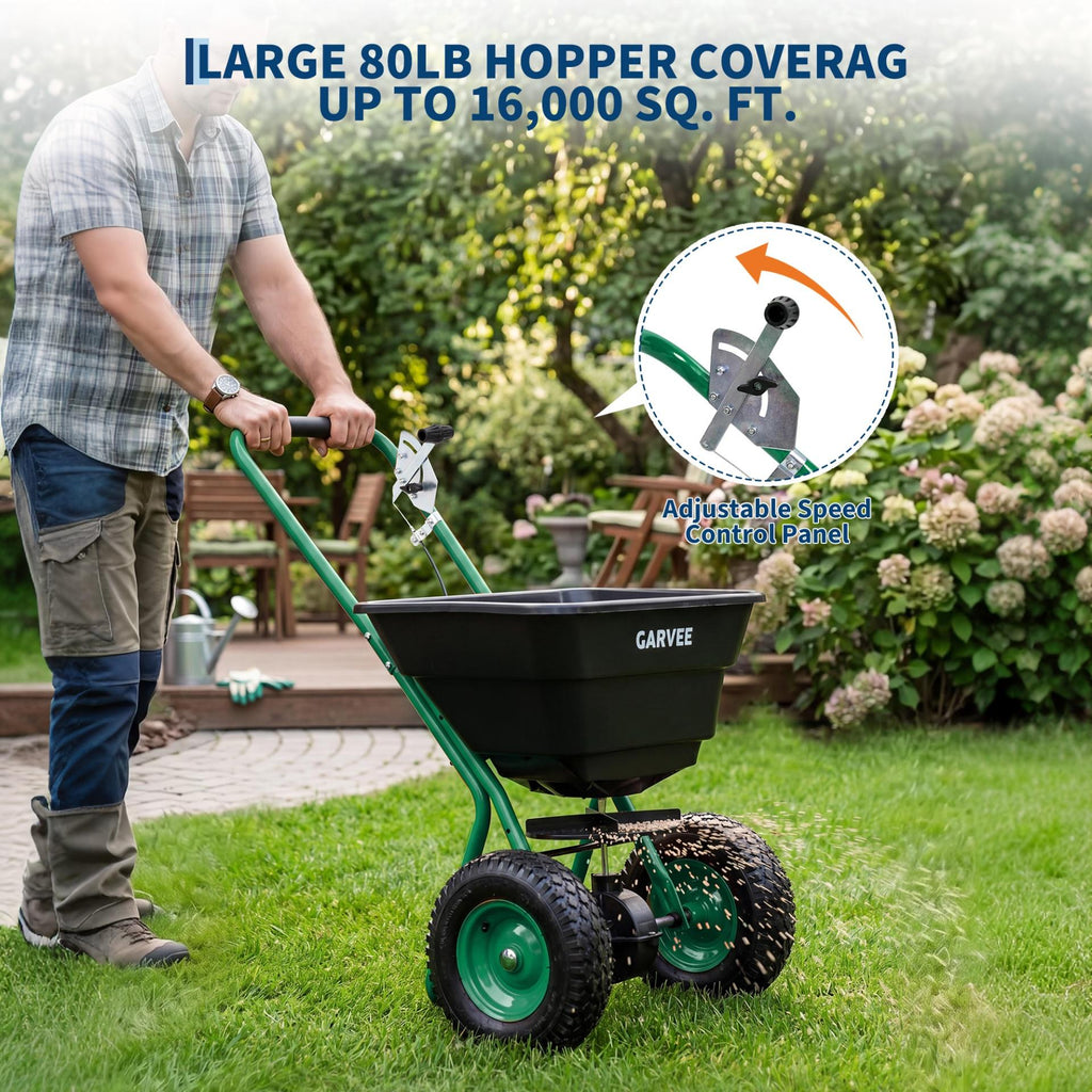 Garvee 80 lb Push Broadcast Spreader with 12' Spread Width, Adjustable Drop Rate, 10" Pneumatic Tires, Rain Cover & Gloves for Seed, Fertilizer, Salt and Ice Melt, Black & Dark Green