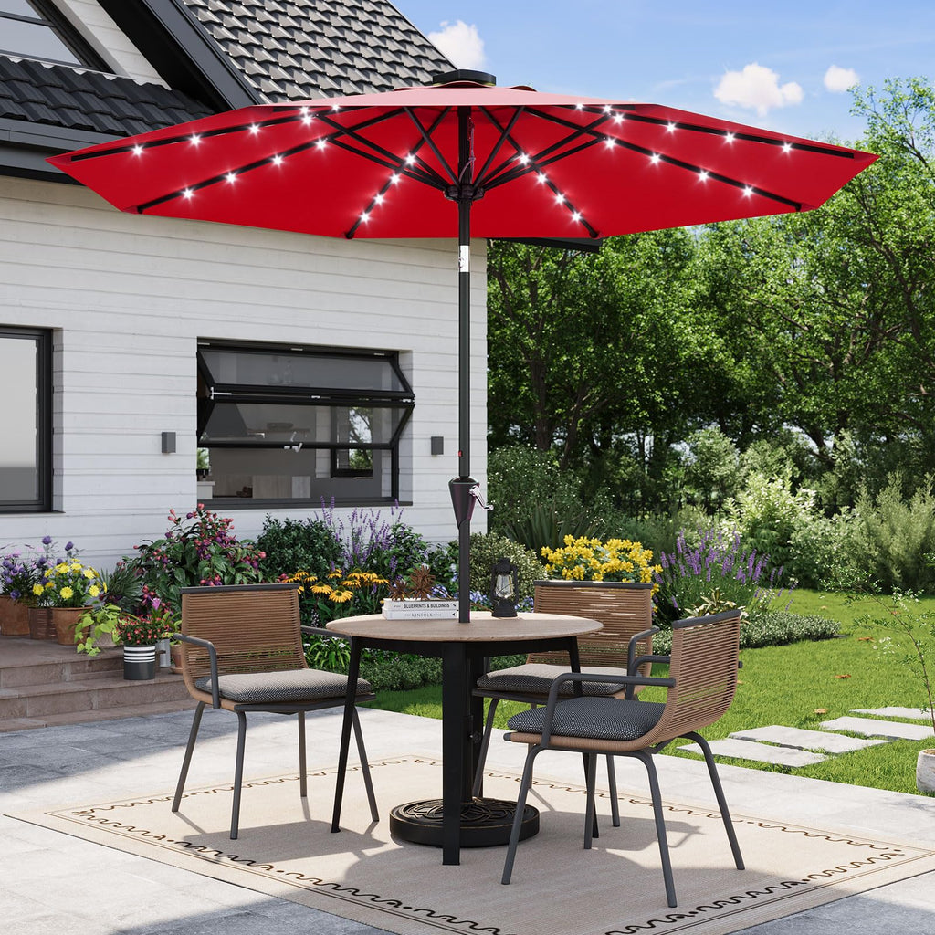 Garvee 10 ft Solar Patio Umbrella with 32 LED Lights, Outdoor Market Umbrella with Crank Lift & Tilt, UV-Resistant Canopy for Pool, Garden & Backyard, Red