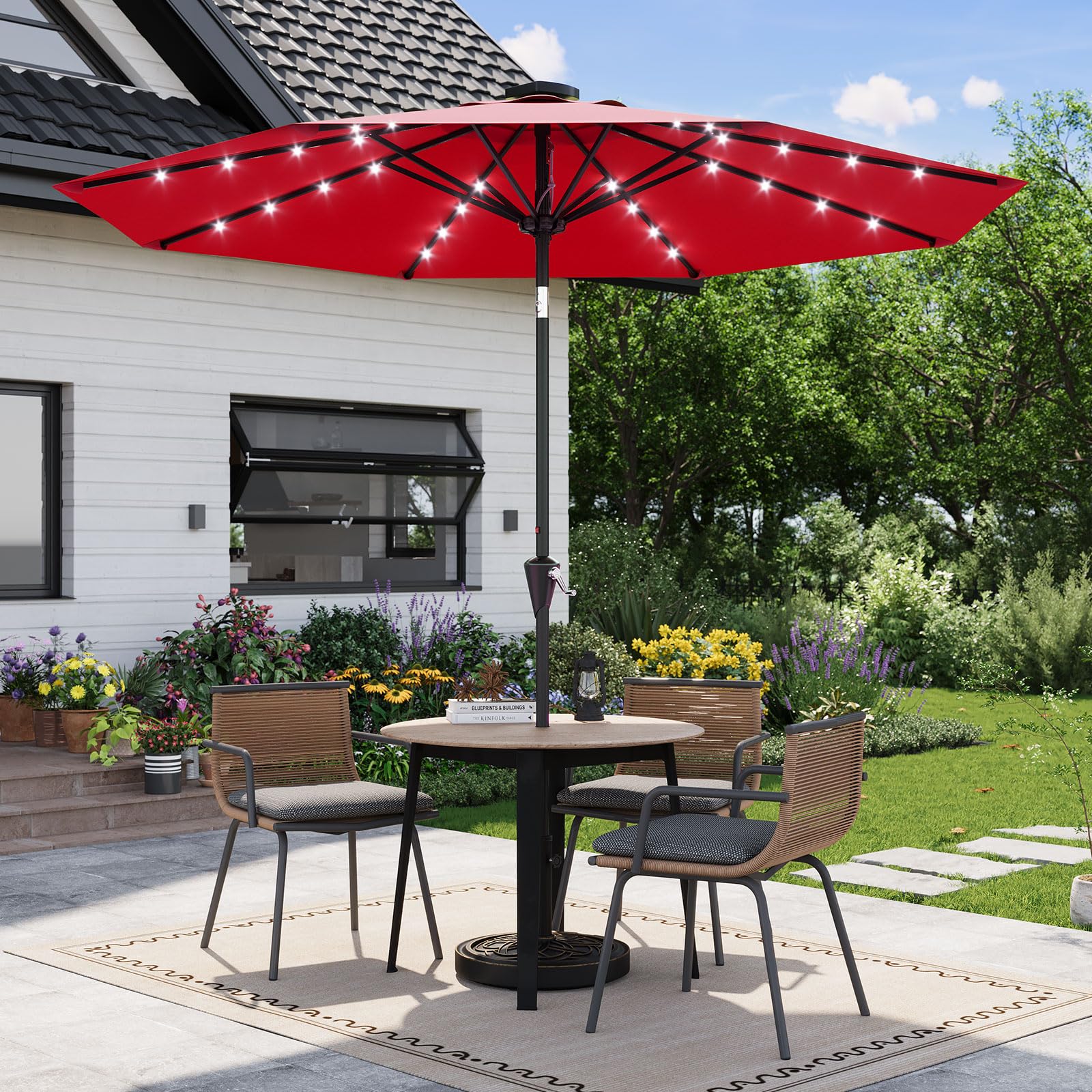 Garvee 10 ft Solar Patio Umbrella with 32 LED Lights, Outdoor Market Umbrella with Crank Lift & Tilt, UV-Resistant Canopy for Pool, Garden & Backyard, Red