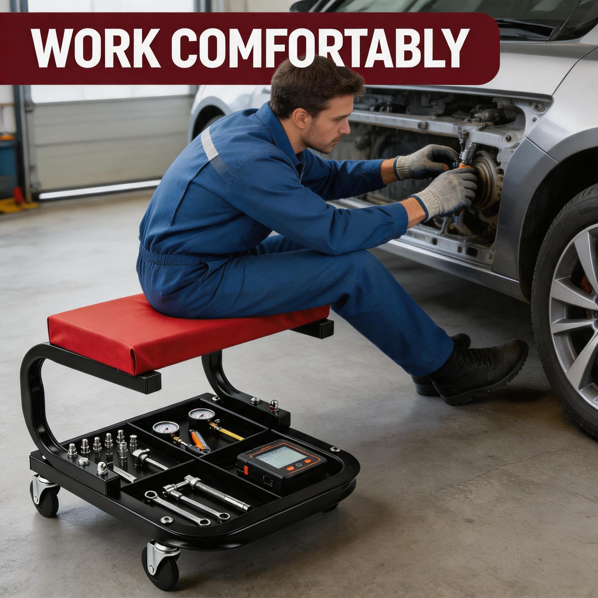 Garvee Heavy Duty Rolling Mechanic Creeper Seat – 250 lbs Capacity – Padded Garage Workshop Stool – Built-in Tool Tray – Comfortable & Durable, Black Red