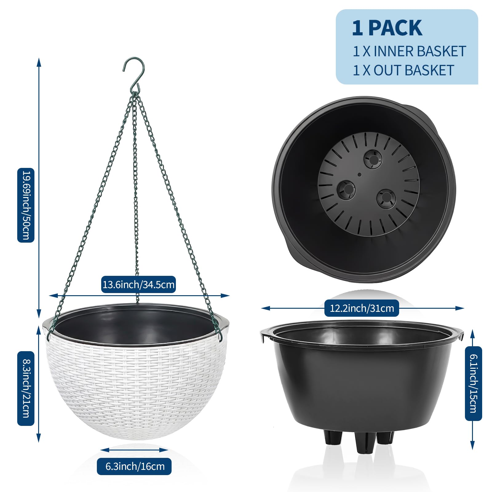 Garvee Self-Watering Hanging Planters for Indoor & Outdoor Plants, 4-Pack 13.8 in Resin Baskets with Rattan Look, Drainage Plugs and Triple-Chain Hangers