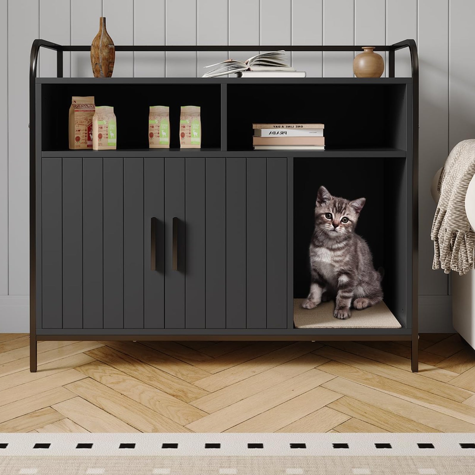 Garvee Cat Litter Box Enclosure, Wooden Cat Washroom Furniture with Barn Door, Storage Shelf and Top Display Shelf, Hidden Litter Box Cover, Dog Proof Feline Litter Boxes, Kitty House, Fits Most Litter Boxes, Black