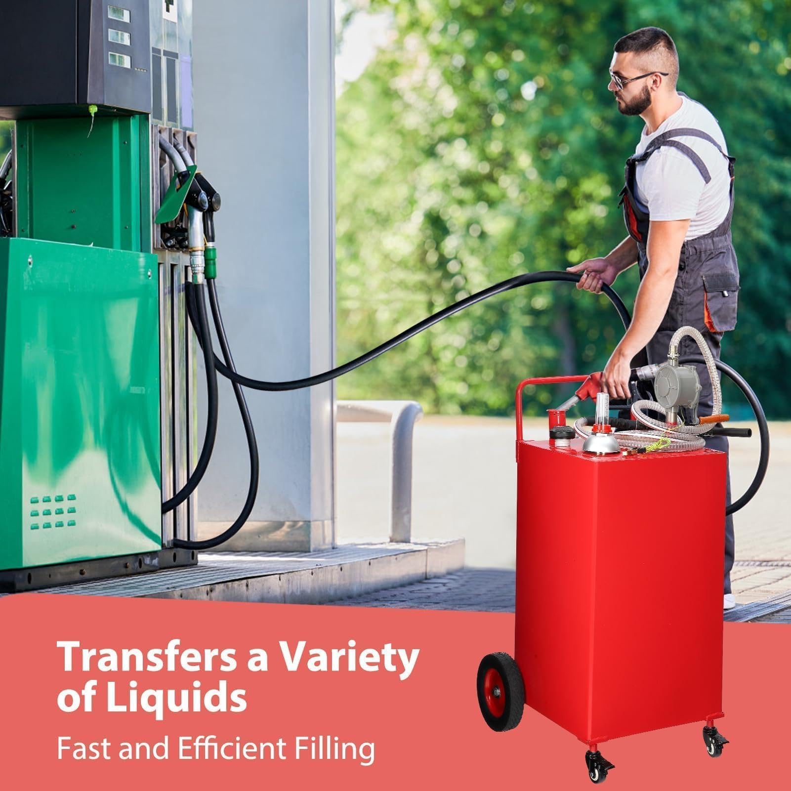 Garvee 30 Gallon Heavy Duty Fuel Caddy Portable Gas & Fuel Transfer Tank - Manual Pump, Reinforced 4-Wheel, Brakes, Hose - For Tractor, Truck, Boat, Lawn Mower, Farm Equipment - Reinforced ribs model 4 wheels - bright red powder coating - 2026 model