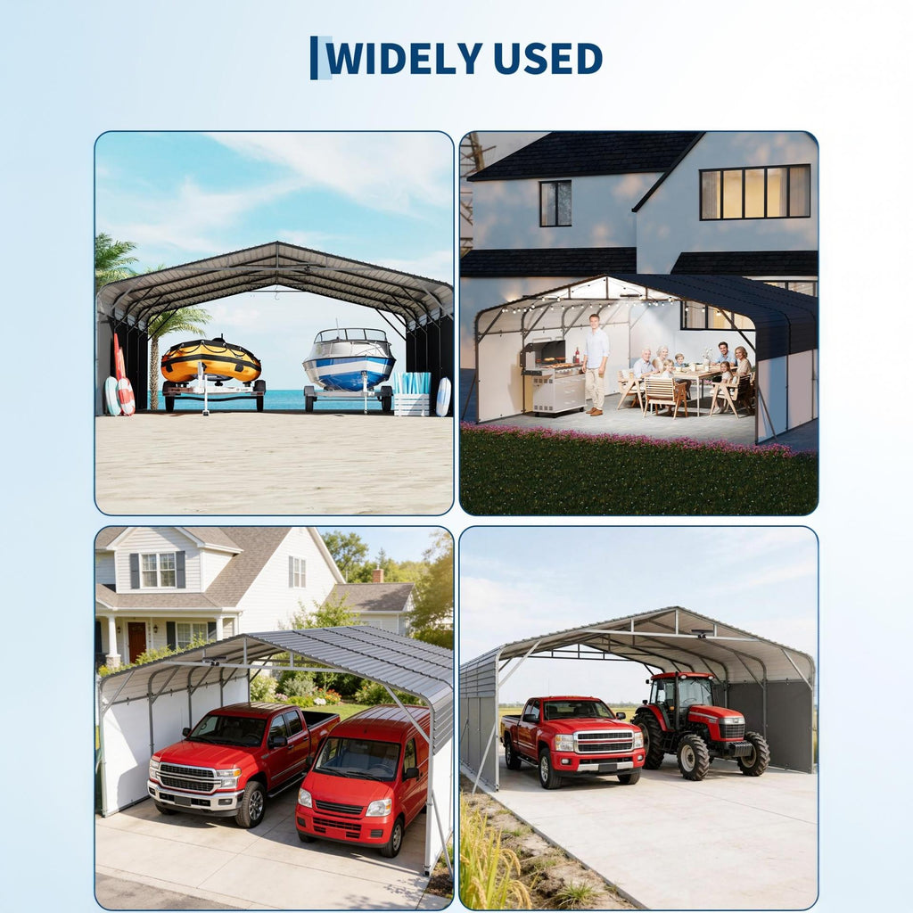 Garvee Metal Carport, 20x20 ft Heavy Duty 2-Car Outdoor Garage with Galvanized Steel Roof, LED Light, Reinforced Base & Removable PE Sidewalls
