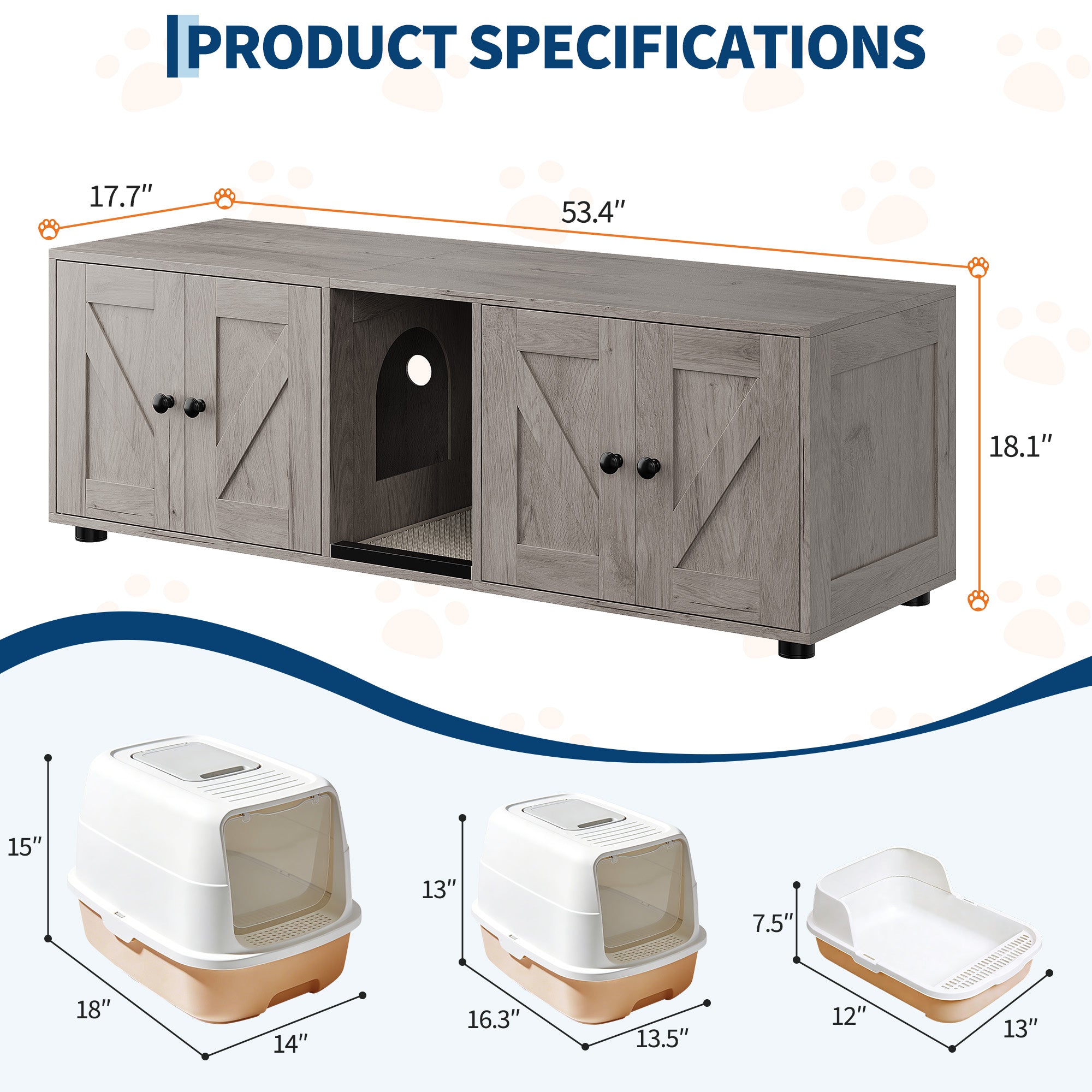 Garvee Cat Litter Box Enclosure for 2 Cats, Hidden Litter Box Furniture Cabinet with Double Room, Double Cat Litter Box Enclosure, Indoor Cat House, 43.4 x 18.1 x 17.7 Inches