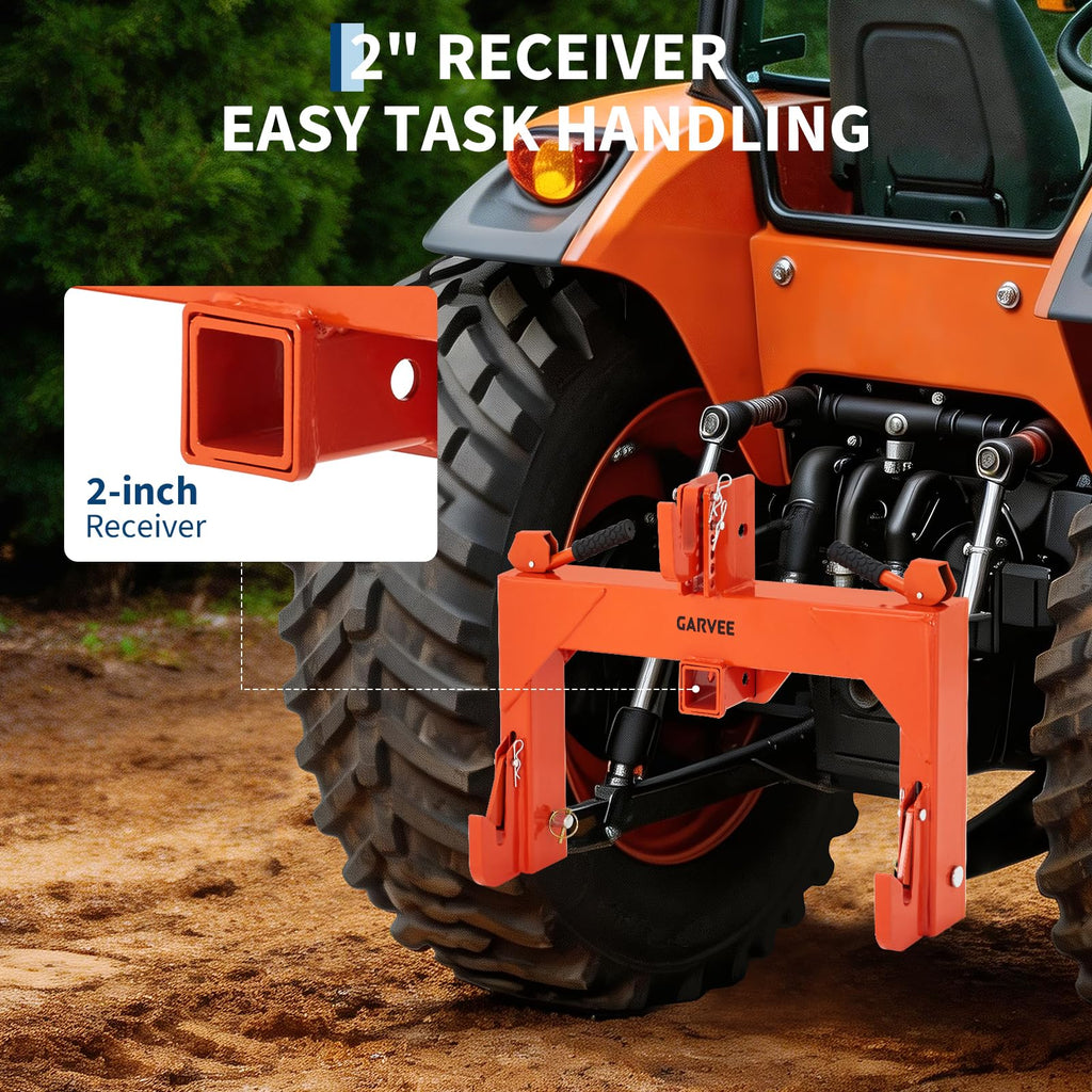 Garvee Heavy-Duty Category 1 3-Point Quick Hitch for Tractor, 3000 lbs Lift Capacity with Built-In 2" Receiver, 5-Level Bolt-On Adjustable Top Hook Tractor Attachment, No Bushing Required, Orange (24" x 24")