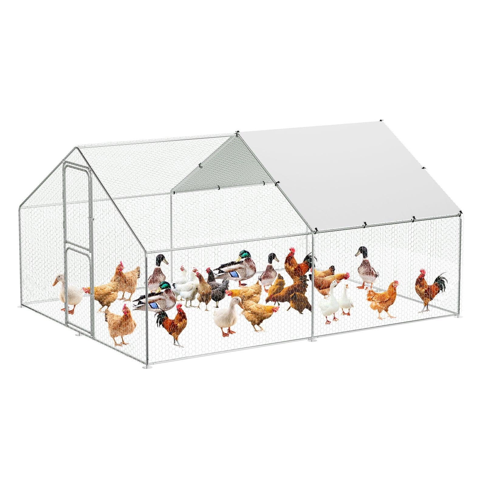 Garvee Heavy-Duty Walk-In Metal Chicken Coop for Backyard Poultry – Dual Lockable Doors, Galvanized Steel Frame, Waterproof UV-Resistant Cover, Spire Roof Hen House, 9.8' W x 13.1' D x 6.6' H