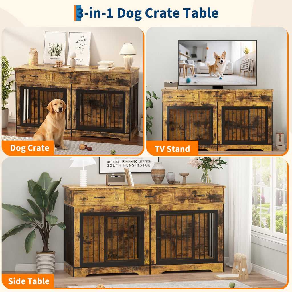 Garvee 71" Dog Crate Furniture for 2 Dogs, Heavy Duty Double Dog Kennel with 3 Drawers, Extra Large Furniture Style Indoor Dog Crate Table TV Stand  for Medium/Large Dogs, Brown