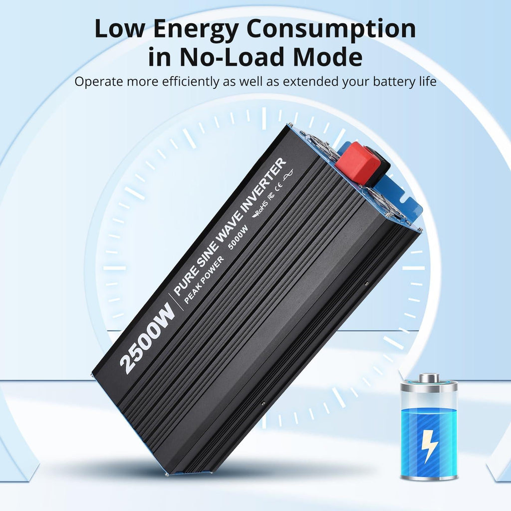Garvee 2500W Pure Sine Wave Inverter — 5000W Peak, 12V→120V AC, Low-Idle Power, Multi‑Battery Compatible (Li/AGM/GEL), 6 Safety Protections