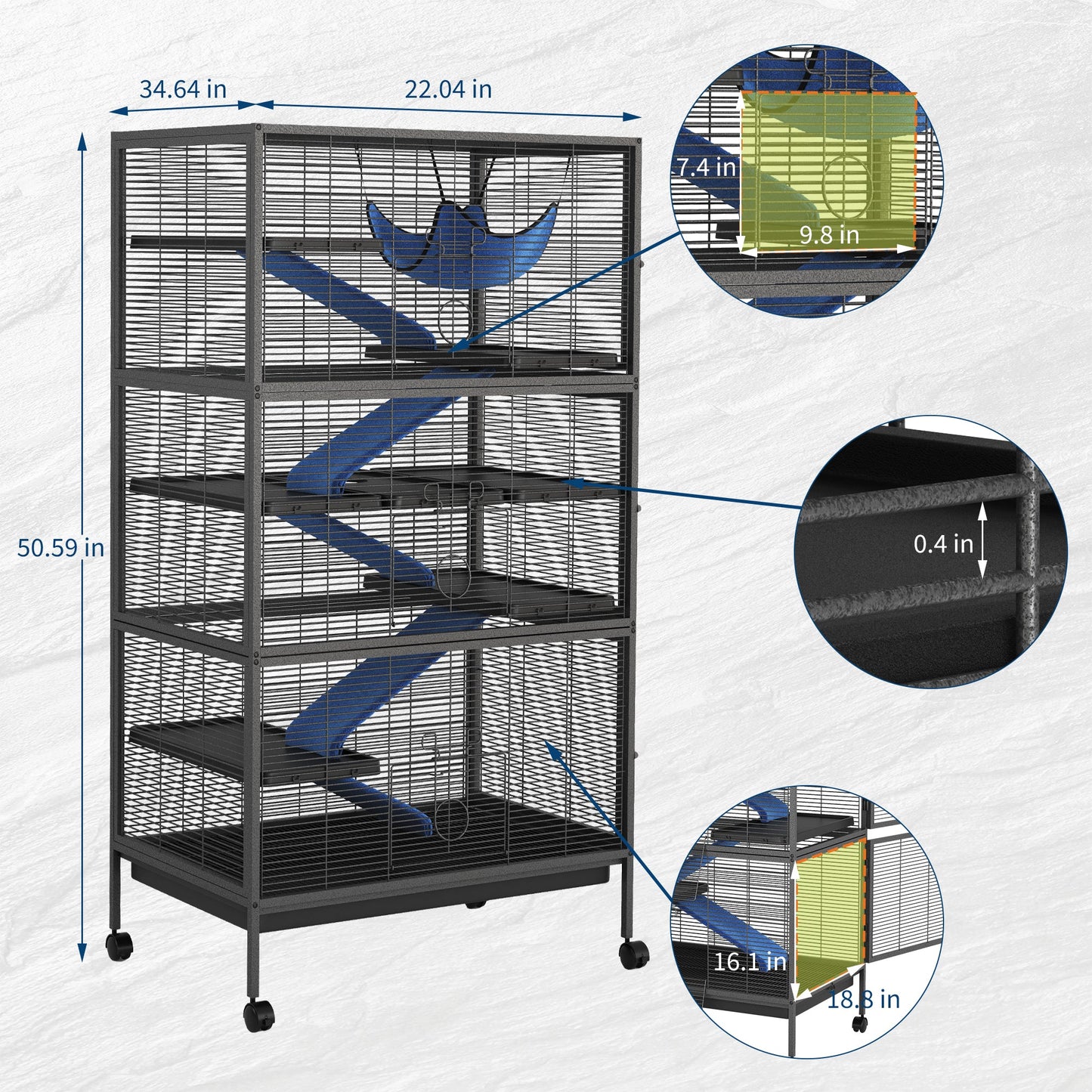 Garvee Spacious 6-Tier Metal Small Animal Cage - Lockable Double Doors, Fleece Ramps, Hammock, Rolling Wheels - Heavy-Duty Enclosure for Ferrets, Chinchillas, Guinea Pigs, Rabbits, Small Pets - Black