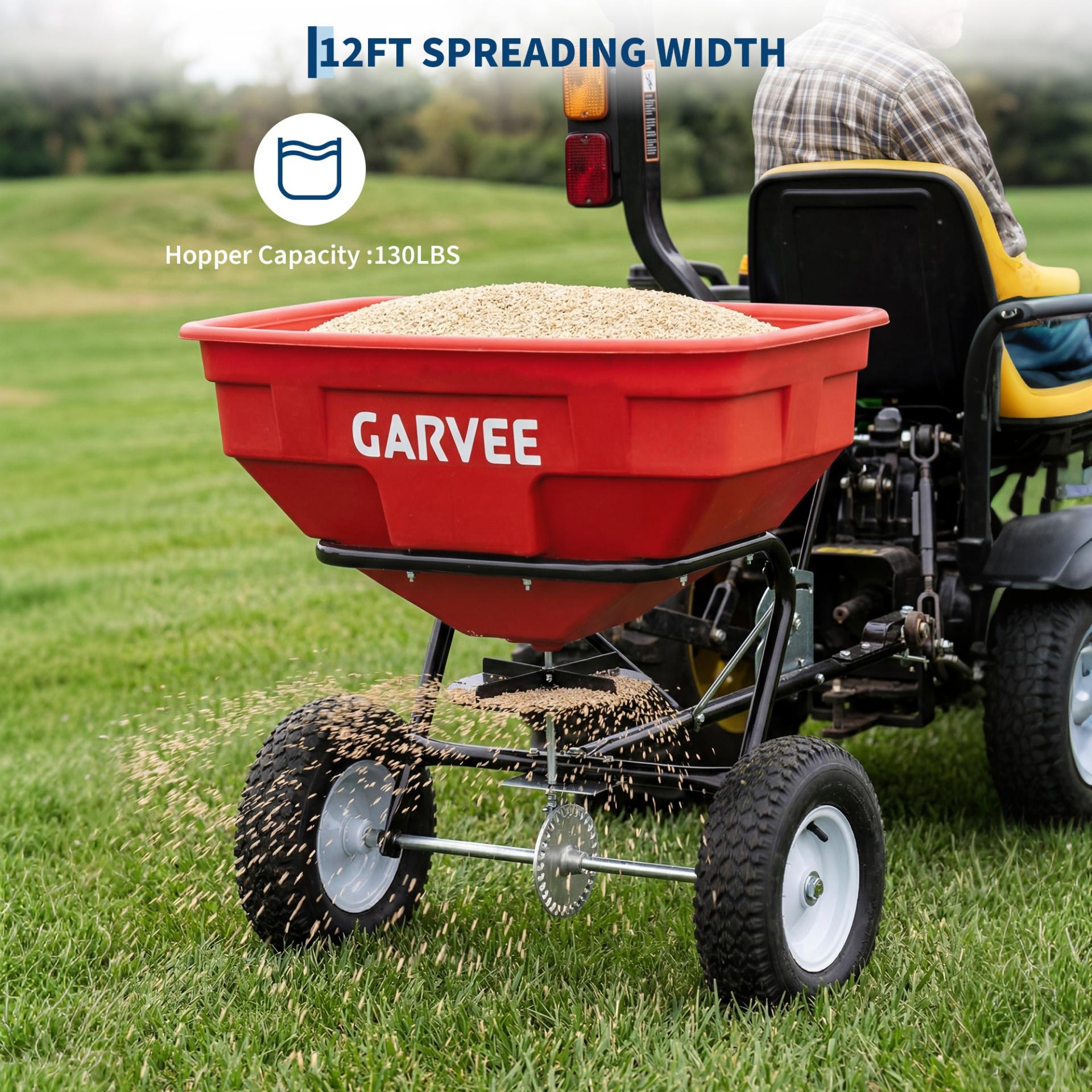 Garvee 130 lb Tow-Behind Broadcast Spreader, Heavy-Duty Lawn & Garden Spreader with 0–12 ft Coverage, Universal Hitch, 13" Pneumatic Tires & 20-Level Flow Control for ATV, UTV & Riding Mower, Red