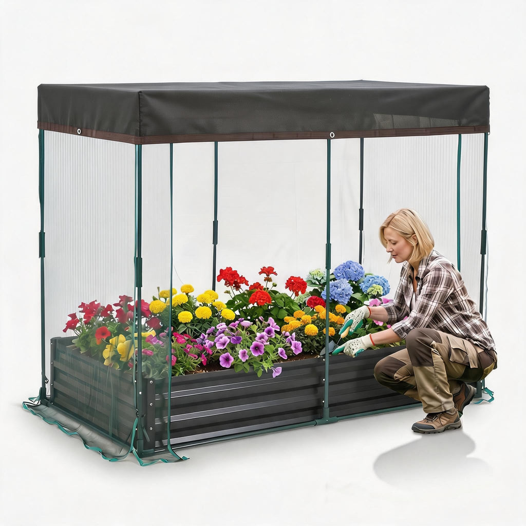 Garvee Raised Garden Bed for Vegetables & Herbs, 8 x 4 x 1 FT Galvanized Metal Planter with Mesh Cover, Bottomless Design and 4 Plant Signs, Black