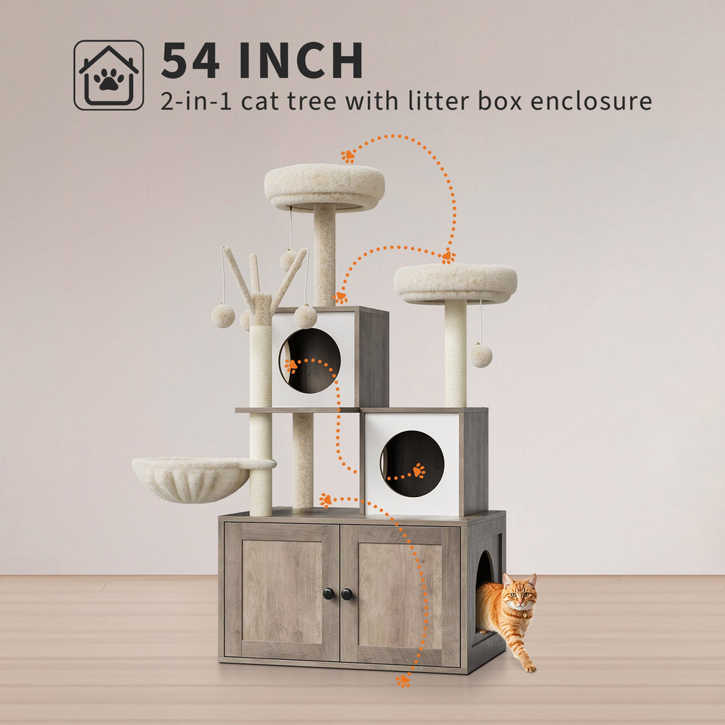 Garvee 54-Inch Litter Box Enclosure with Cat Tree, 2-in-1 Modern Large Cat Tower for Indoor Cats with Condo/Hammock/Scratching Post/Plush Perch/Caves, Wooden Hidden Litter Box Furniture, Grey