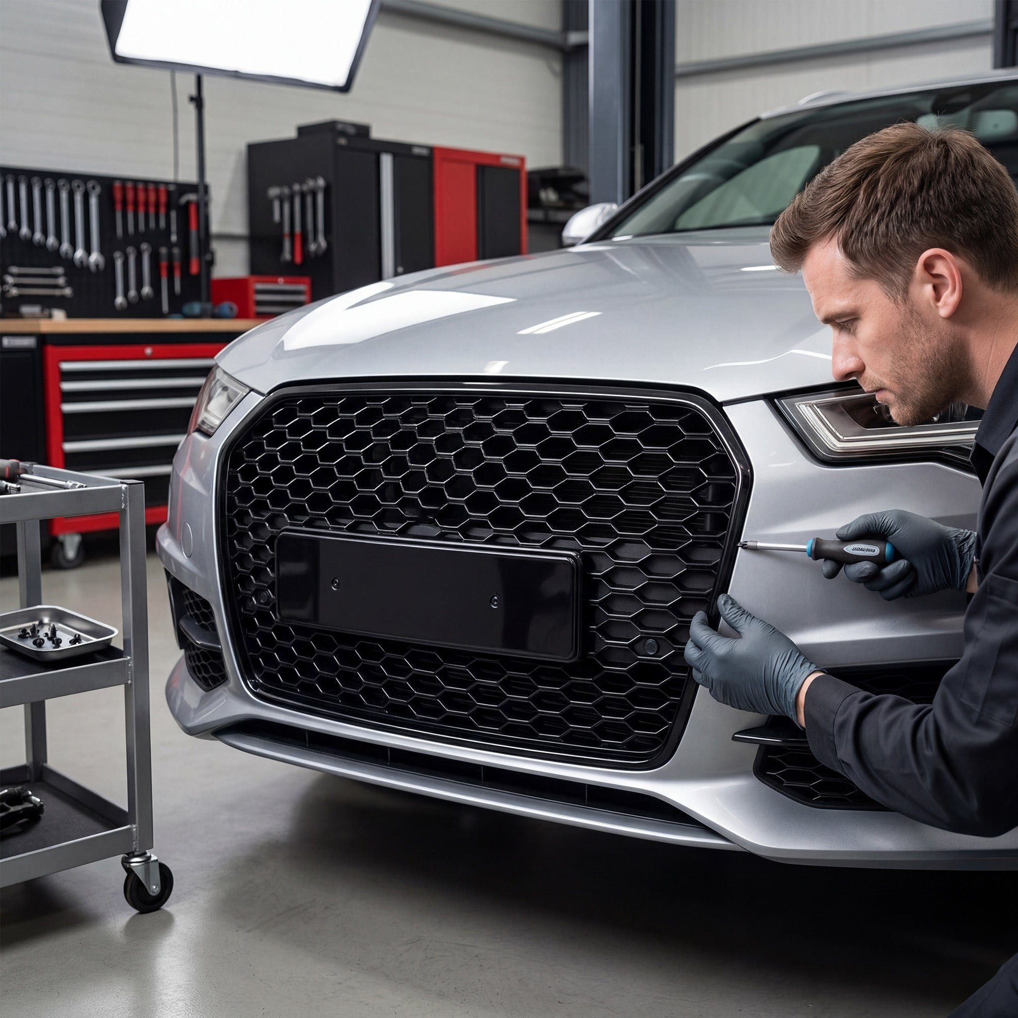 Garvee Gloss Black Honeycomb Front Grille for Audi Q3 2016-2018 – ABS Material – Direct Replacement – No Emblem – Radiator Protection – Weather-Resistant – Exterior Accessory – Color: Gloss Black