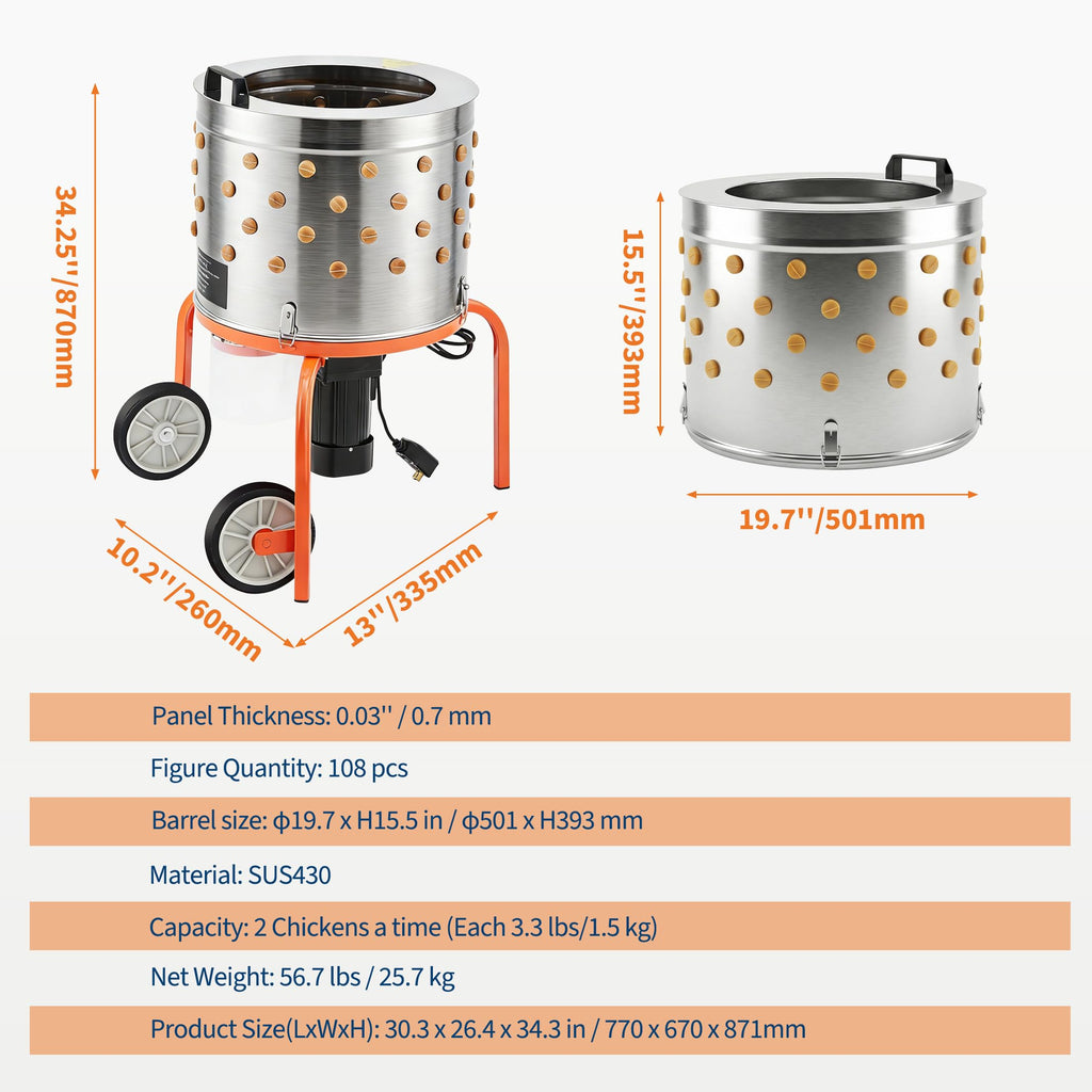 Garvee Chicken Plucker Machine, 20 inch Drum Stainless Steel Poultry Plucker, Defeathering Equipment with 108 Soft Fingers, Simple Debris Collection, for Farms, Restaurants, Home, Poultry Plucking, Orange