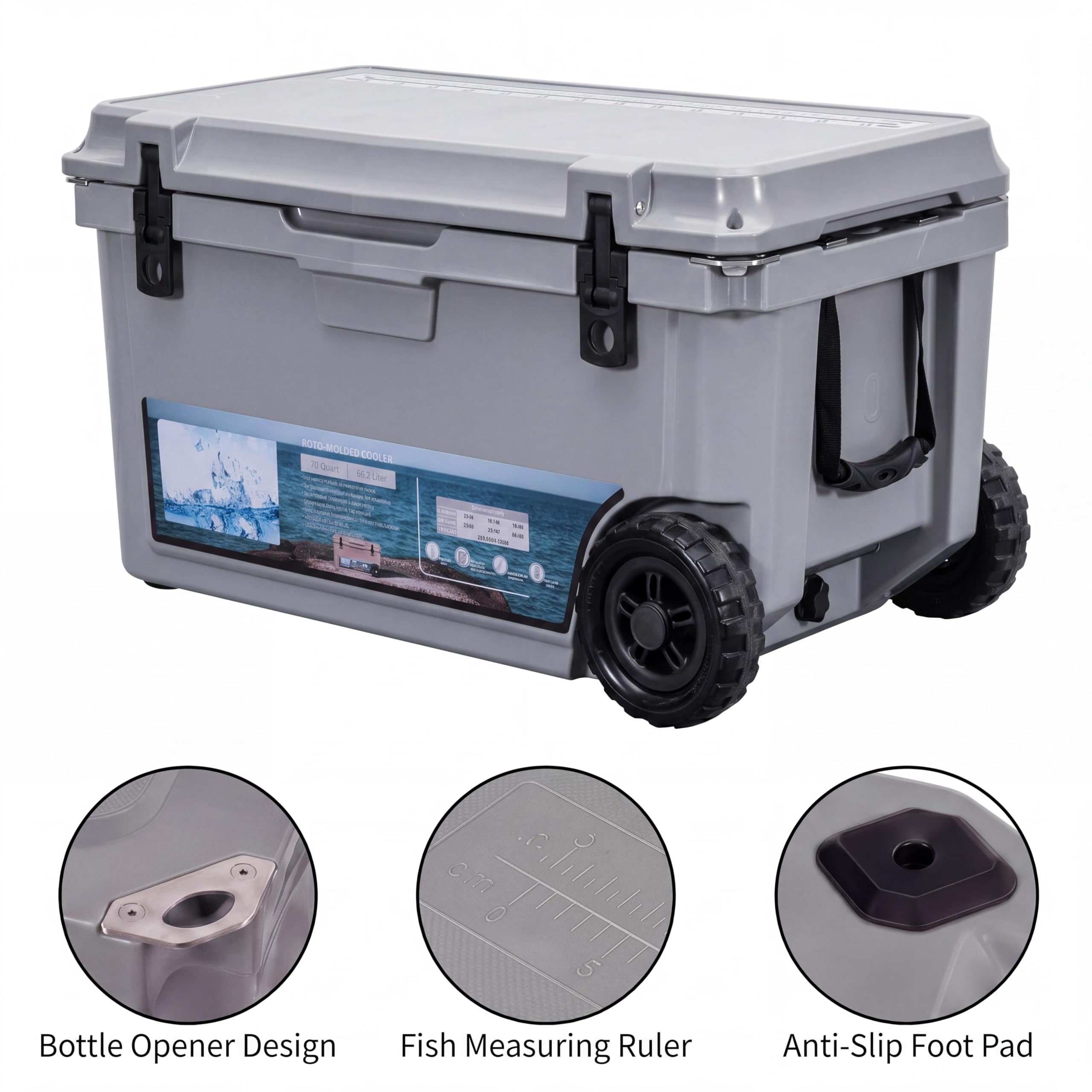 Garvee Extra-Thick Insulated Camping Cooler 70qt with Wheels - Rolling Ice Chest Keeps Ice Up to 7 Days - Portable for Food, Drinks, Beach, Picnic, Fishing, Boat - Gray - KUER-F-70 Cool Gray GRAY 6C