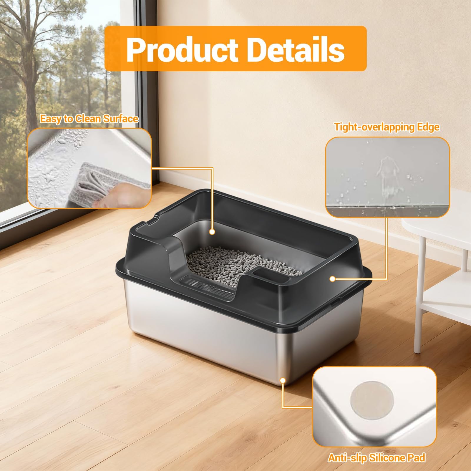 Garvee Stainless Steel Cat Litter Box, High Side Litter Box with Non-Stick, Scoop & Odor-Resistant, Metal Cat Pan for Multiple Cats, Rabbits & Small Pets, Easy to Clean, Black