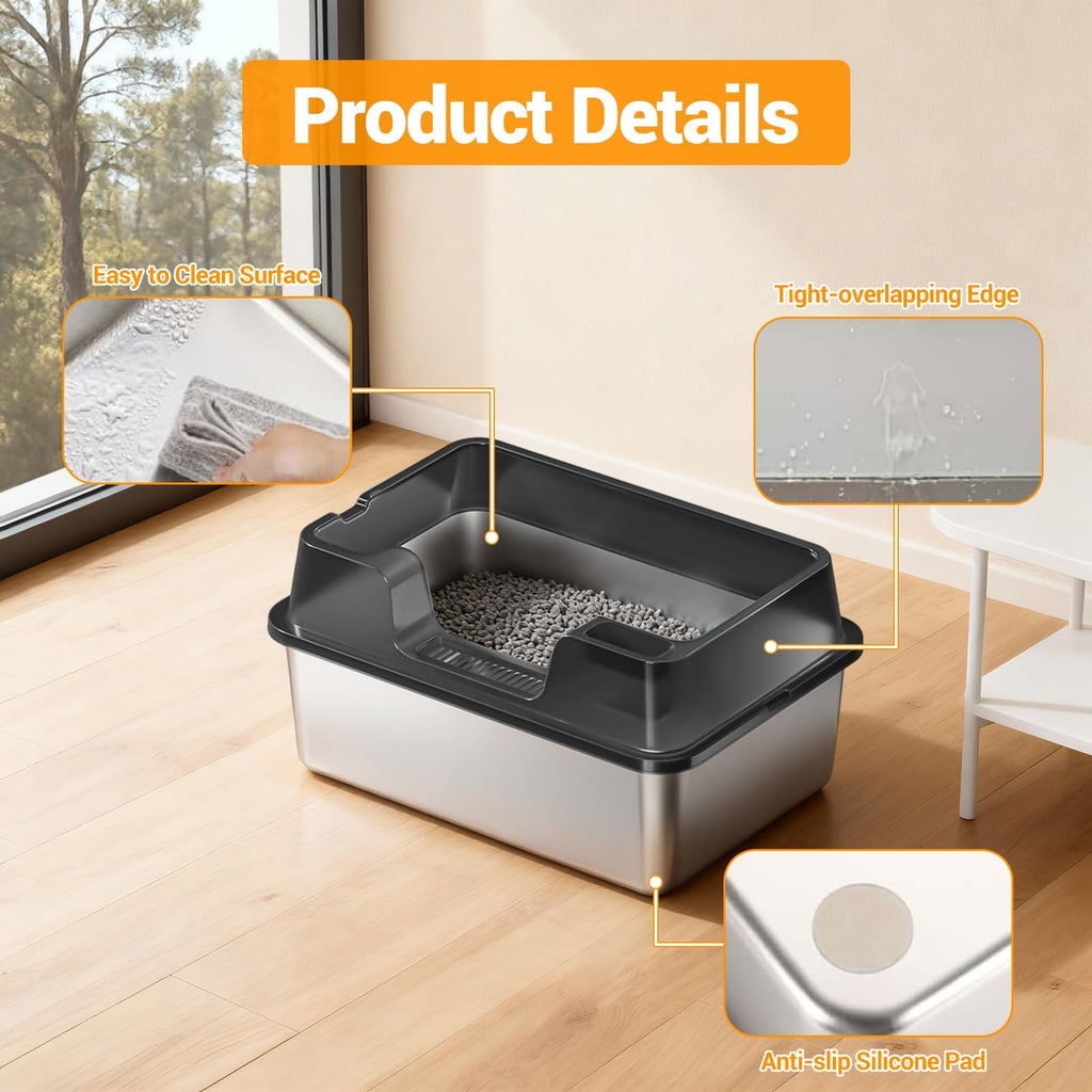 Garvee Large Stainless Steel Cat Litter Box, High Side Litter Box with Non-Stick, Scoop & Odor-Resistant, Metal Cat Pan for Multiple Cats, Rabbits & Small Pets, Easy to Clean, Blck