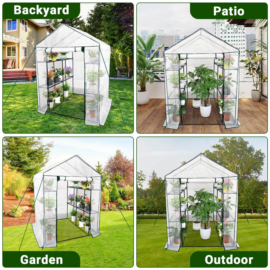 Garvee Spacious Walk-In Greenhouse for Outdoor Gardening – 6 Shelves, Sturdy Steel Frame, Roll-Up Zippered Door, Anchors & Ropes, Portable Plant House – Ideal for Patio, Backyard, Garden – White, 143×143×195cm
