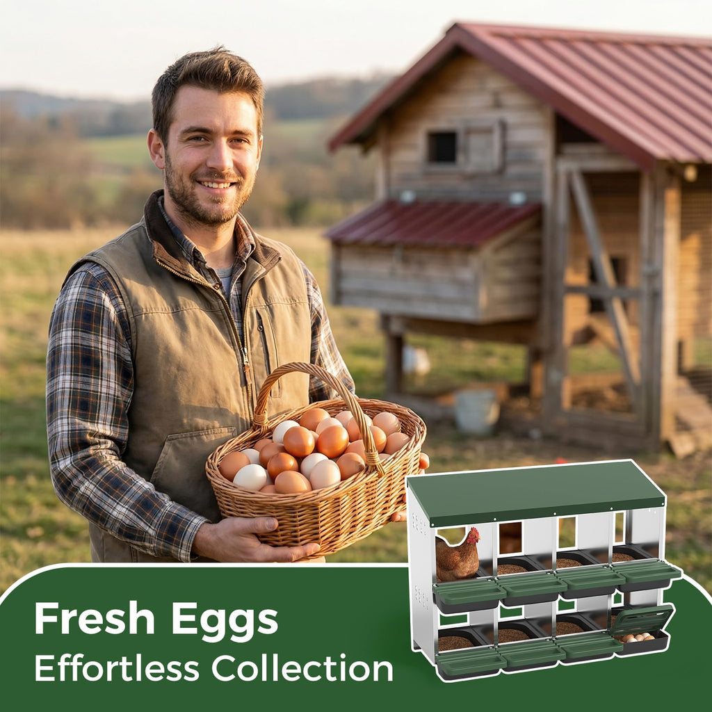 Garvee 8-Hole Chicken Nesting Box with Roll Away Design, Ventilation Holes, Galvanized Steel, Removable Lid, Easy Egg Collection, Green, for Chicken and Duck Coops