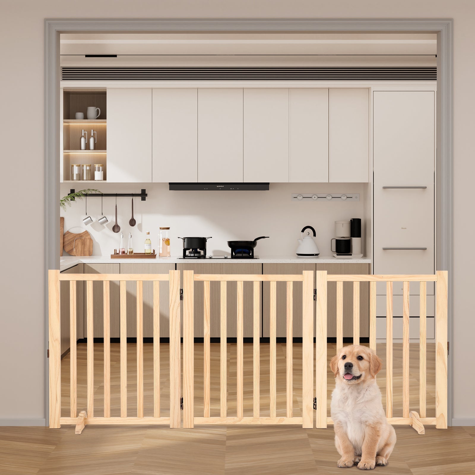 Garvee Wooden Freestanding Dog Gate, Collapsible Pet Gate with Support Feet, Indoor Dog Fence for The House,Doorways, Stairs，Expandable Pet Fence -3 Panel H:24”