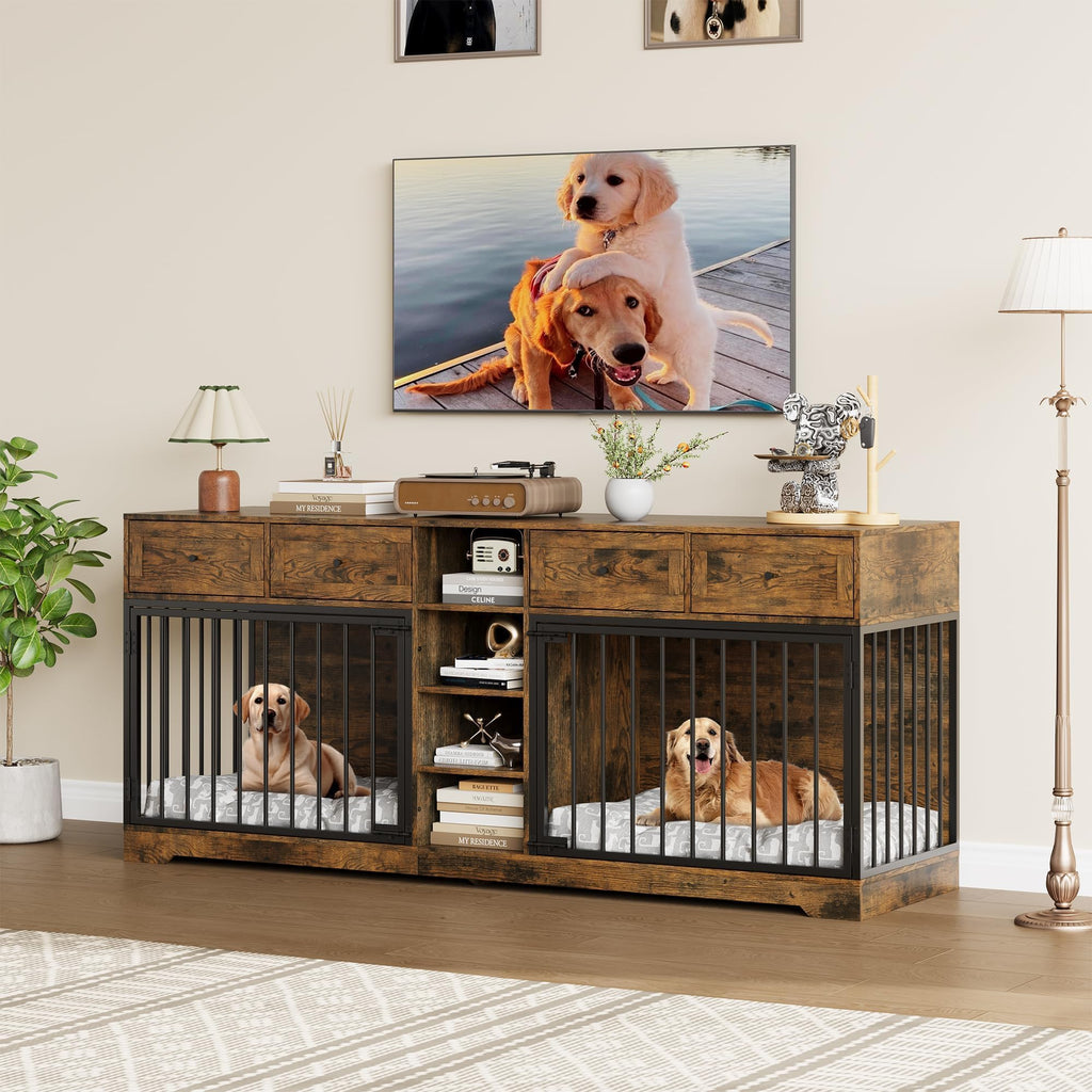 Garvee 82" Large Dog Crate for 2 Dogs, Dog Kennel Indoor with 4 Drawers and Shelves, Heavy Duty Double Dog Crate Furniture TV Stand, Wooden Dog Cage for Medium Large Dogs, Brown
