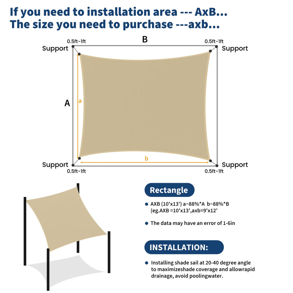 Garvee Sun Shade Sail 10' x 13' Rectangle Charcoal UV Block Sunshade for Backyard Yard Deck Patio Garden Outdoor Activities and Facility