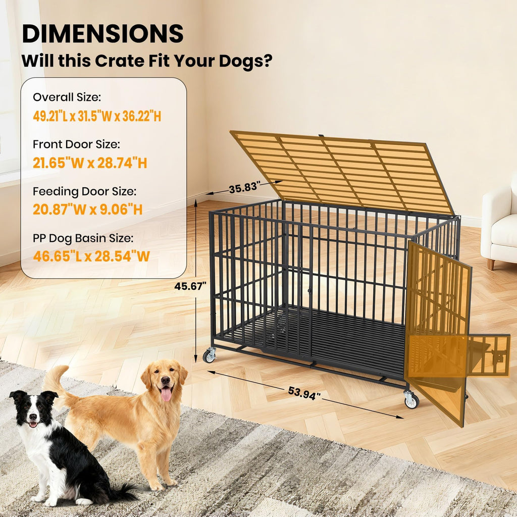 Garvee Heavy Duty Escape-Proof Dog Crate 49", Indestructible Metal Dog Kennel for Large Dogs, 3-Door Locking Design, Removable Tray & Wheels, Indoor Cage, Black