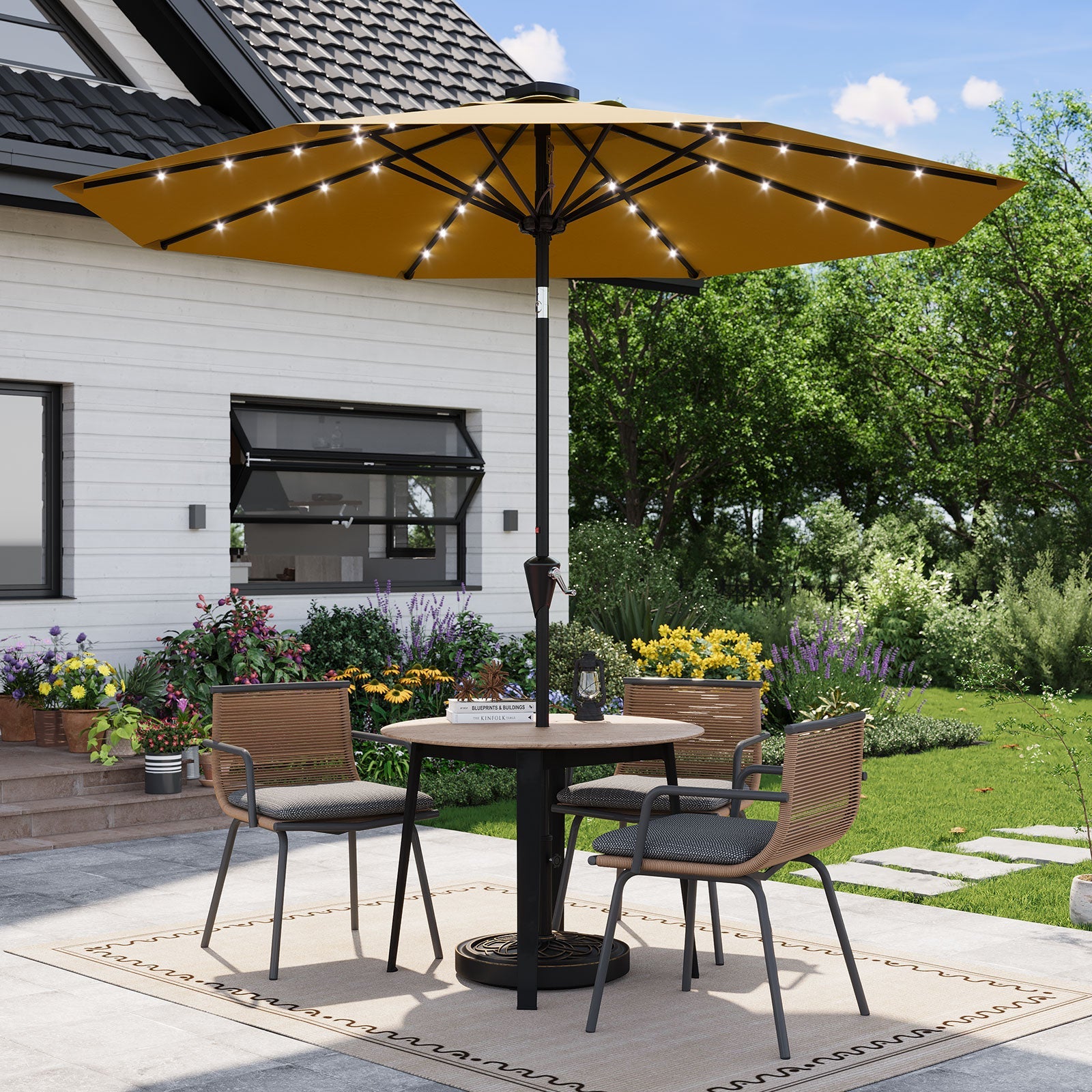 Garvee 9FT Solar LED Patio Umbrella, Waterproof Outdoor Market Table Umbrella with 8 Ribs, Crank Lift, Push Button Tilt, UV Protection for Garden, Pool & Deck, Yellow