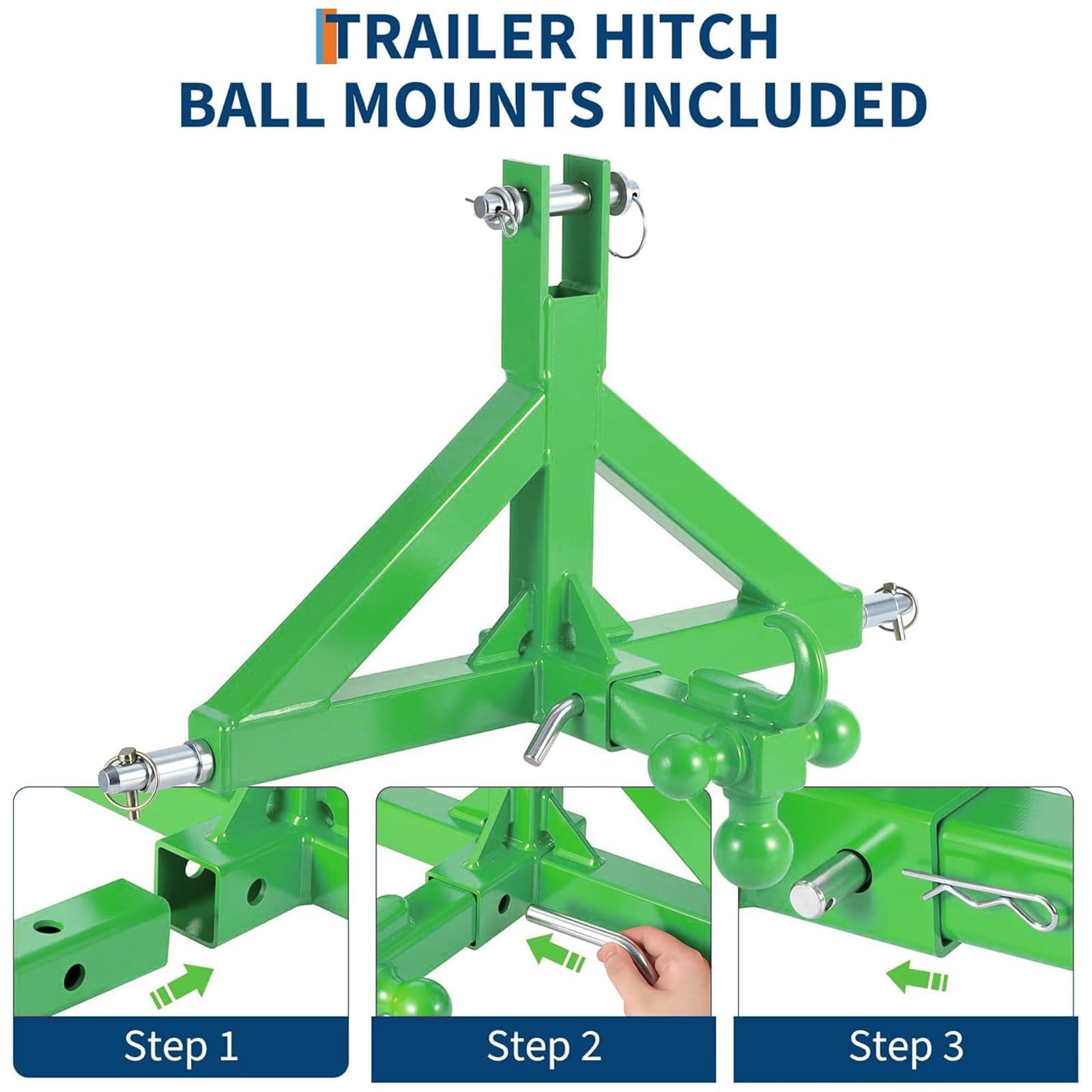 Garvee 3 Point Trailer Hitch 2" Receiver Heavy Duty Cat.1 Towing Ball & Hook Stainless Steel Quick Hitch for Kubota Subcompact Tractor Farm Use