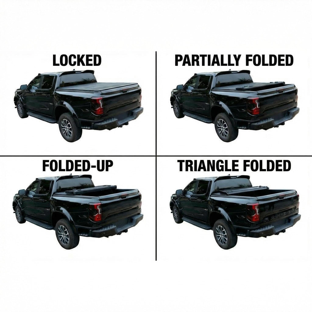 Garvee Hard Folding Truck Bed Tonneau Cover for 2022-2023 Ford 4.2ft Bed - Zinc Aluminum Alloy - Clamp-On, Drill-Free Install - Reinforced Hinges, Locking Latches - Black, Three-Fold - Outdoor Use
