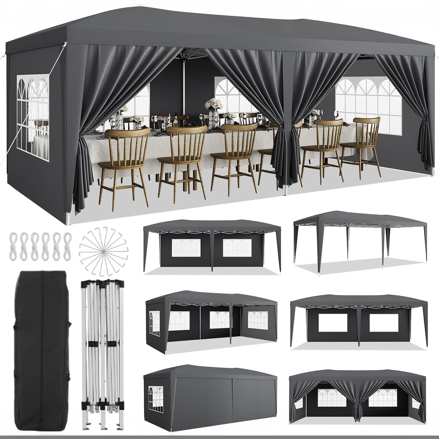 Garvee 10x20 ft Pop Up Canopy Tent, Heavy Duty Steel Frame Outdoor Shelter with 6 Removable Sidewalls, 3 Heights, UPF 50+ Waterproof 210D Oxford Cover, Dark Gray