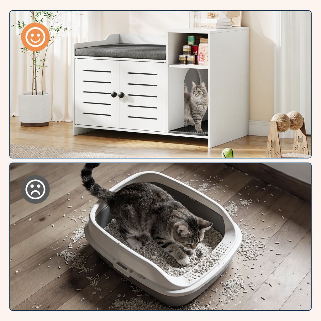 Garvee Cat Litter Box Enclosure, Hidden Litter Box Furniture with Litter Mat & Storage Shelf, Farmhouse Indoor Cat House Cabinet for Hallway, Bedroom, White