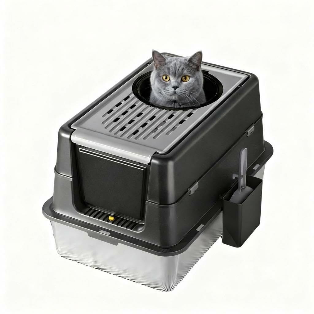 Garvee Extra Large Stainless Steel Cat Litter Box, High Enclosed Sides, Leak-Proof Turn Over Lid, Easy to Clean Large Enclosed Odor Control Litter Box for Cats & Rabbits, 8“ Deep Black