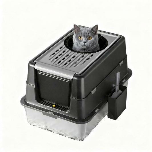 Garvee Extra Large Stainless Steel Cat Litter Box, High Enclosed Sides, Leak-Proof Turn Over Lid, Easy to Clean Large Enclosed Odor Control Litter Box for Cats & Rabbits, 8“ Deep Black