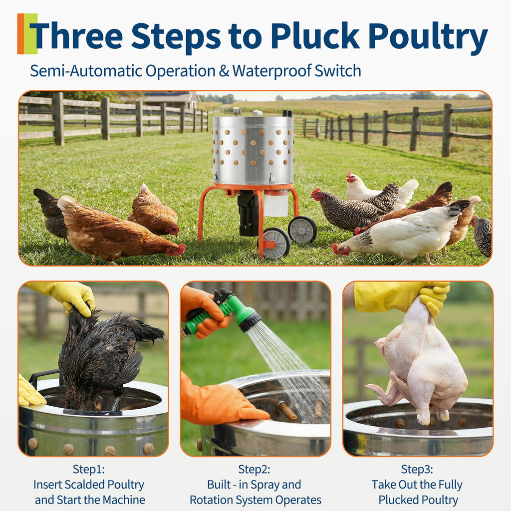 Garvee Chicken Plucker Machine, 20 inch Drum Stainless Steel Poultry Plucker, Defeathering Equipment with 108 Soft Fingers, Simple Debris Collection, for Farms, Restaurants, Home, Poultry Plucking, Orange