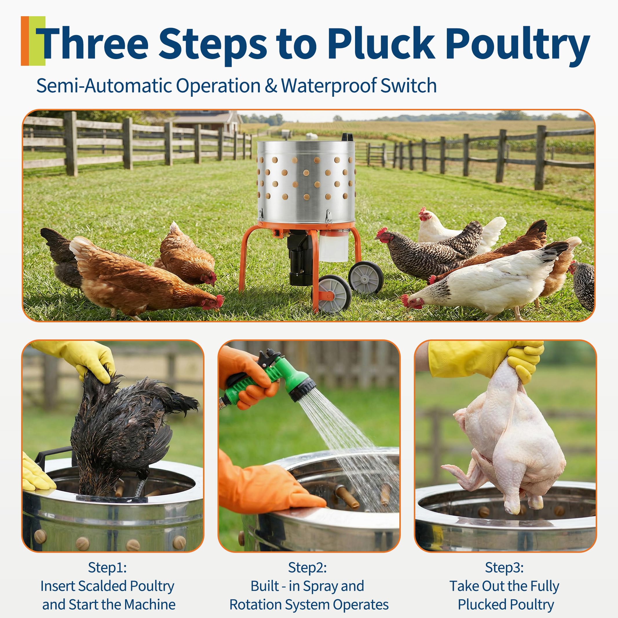 Garvee Chicken Plucker Machine, 20 inch Drum Stainless Steel Poultry Plucker, Defeathering Equipment with 108 Soft Fingers, Simple Debris Collection, for Farms, Restaurants, Home, Poultry Plucking, Orange
