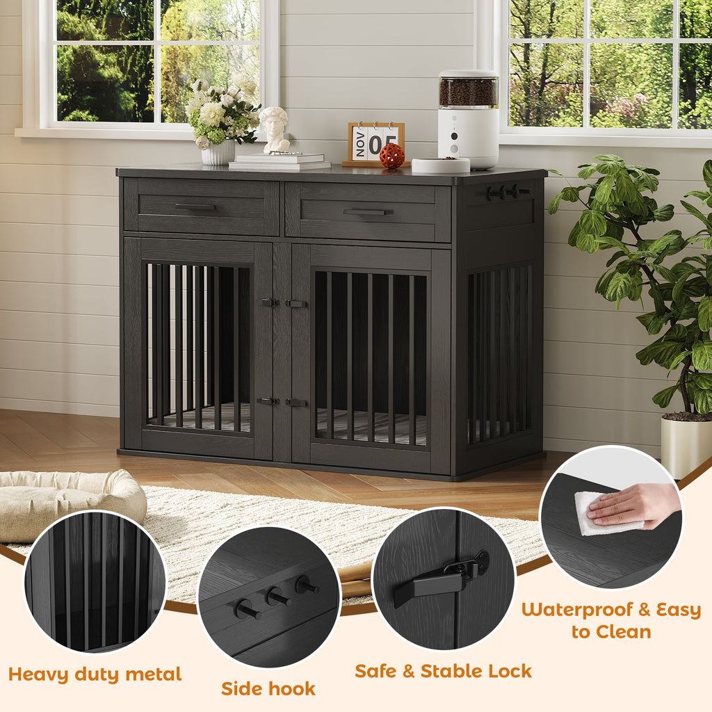 Garvee 44.5 Inch Large Dog Crate Furniture with 2 Storage Drawers,Wooden Dog Kennel Furniture As End Table, Decorative Pet Cage Dog House Indoor for Medium/Large Dogs, Chew-Proof
