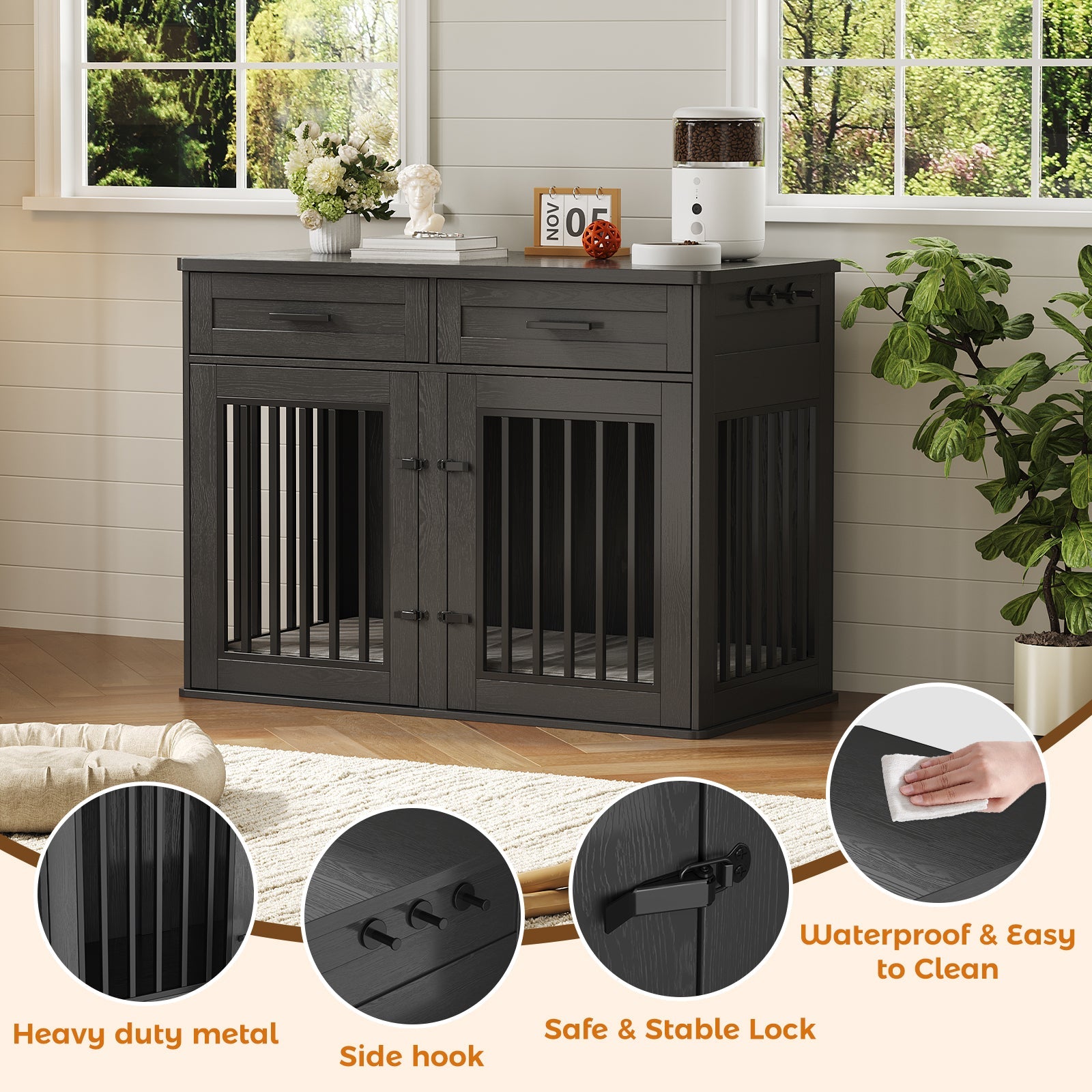 Garvee 44.5 Inch Large Dog Crate Furniture with 2 Storage Drawers,Wooden Dog Kennel Furniture As End Table, Decorative Pet Cage Dog House Indoor for Medium/Large Dogs, Chew-Proof
