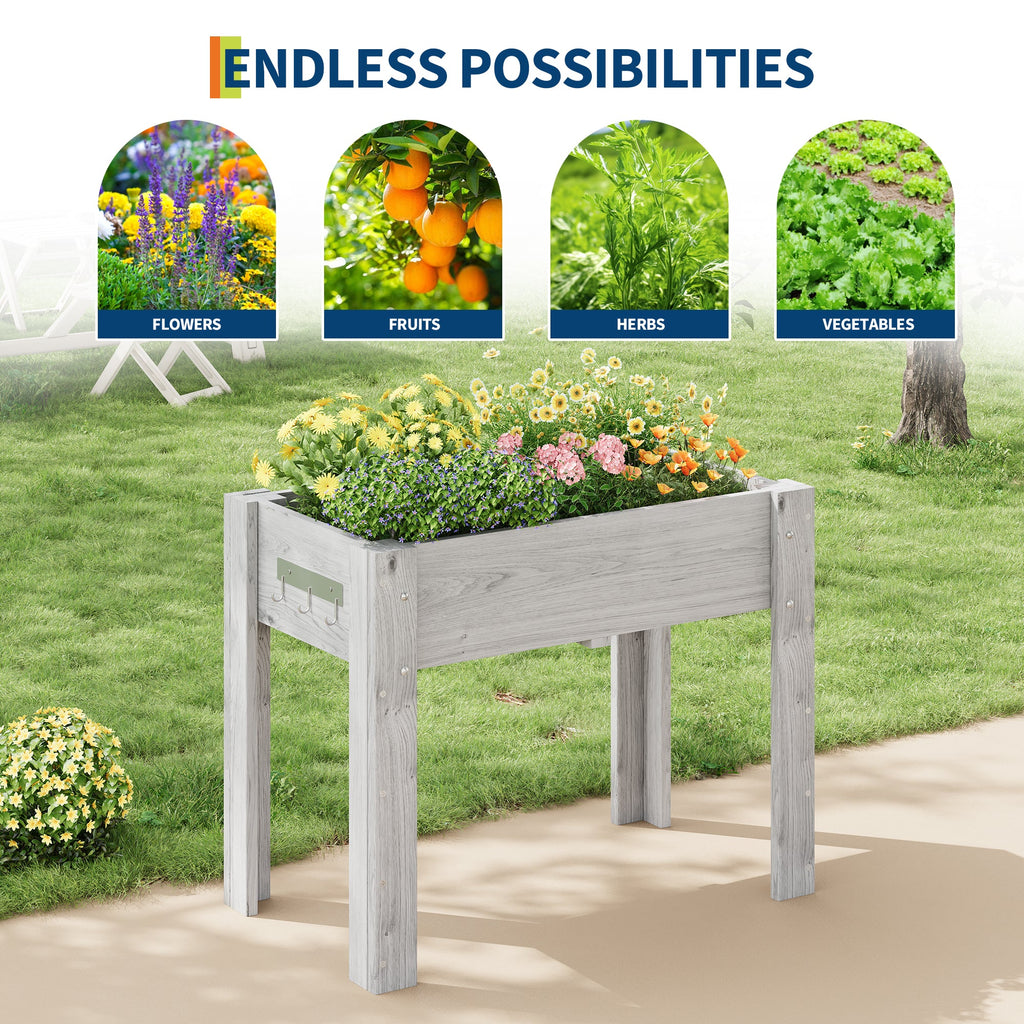 Garvee 34" x 18" x 30" Gray Elevated Wooden Planter Bed with Legs & Hooks, Raised Fir Wood Garden Box with Non-Woven Liner, Ergonomic Outdoor Planter for Vegetables, Herbs, Flowers, Patio & Balcony