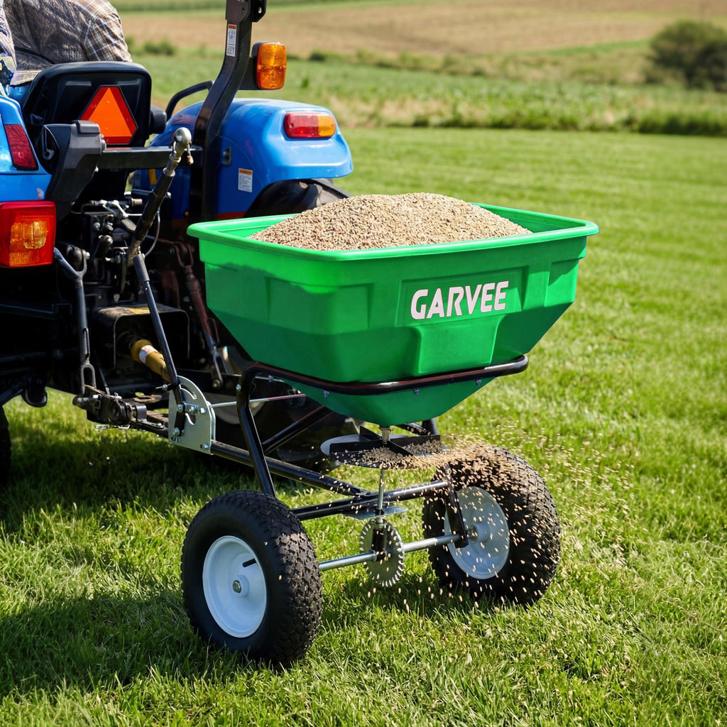 Garvee 130 lb Tow-Behind Broadcast Spreader, Heavy-Duty Lawn & Garden Spreader with 0–12 ft Coverage, Universal Hitch, 13" Pneumatic Tires & 20-Level Flow Control for ATV, UTV & Riding Mower, Green