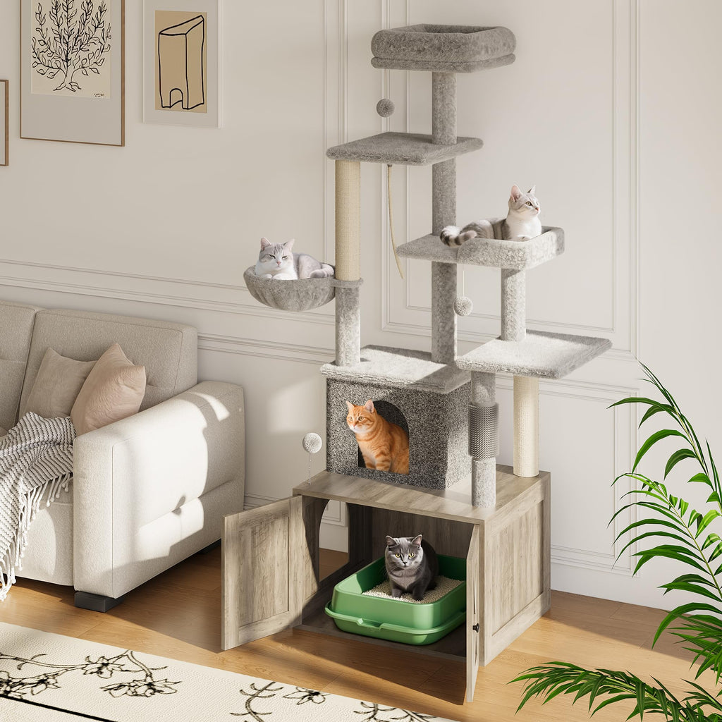 Garvee Litter Box Enclosure with Cat Tree, 2-In-1 Modern Cat Tower, Hidden Washroom Furniture, Wood Cat Condo with Scratching Post and Hammock, Indoor Pet Furniture with Multiple Platform, Gray