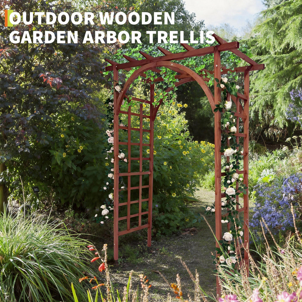Garvee 85-Inch Wooden Garden Arbor Trellis, Fir Wood Pergola Arch for Climbing Plants, Wedding, Patio, Lawn & Backyard, Teak, Arched & Flat Top