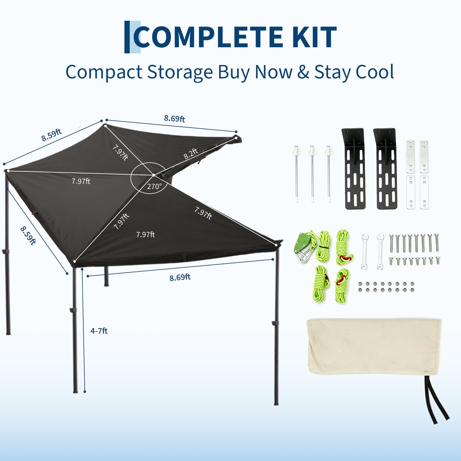 Garvee Heavy Duty 270° Vehicle Awning - 2M Waterproof Blackout Sun Shelter, Ripstop Oxford for SUV Truck Camping - Black, Driver Seat