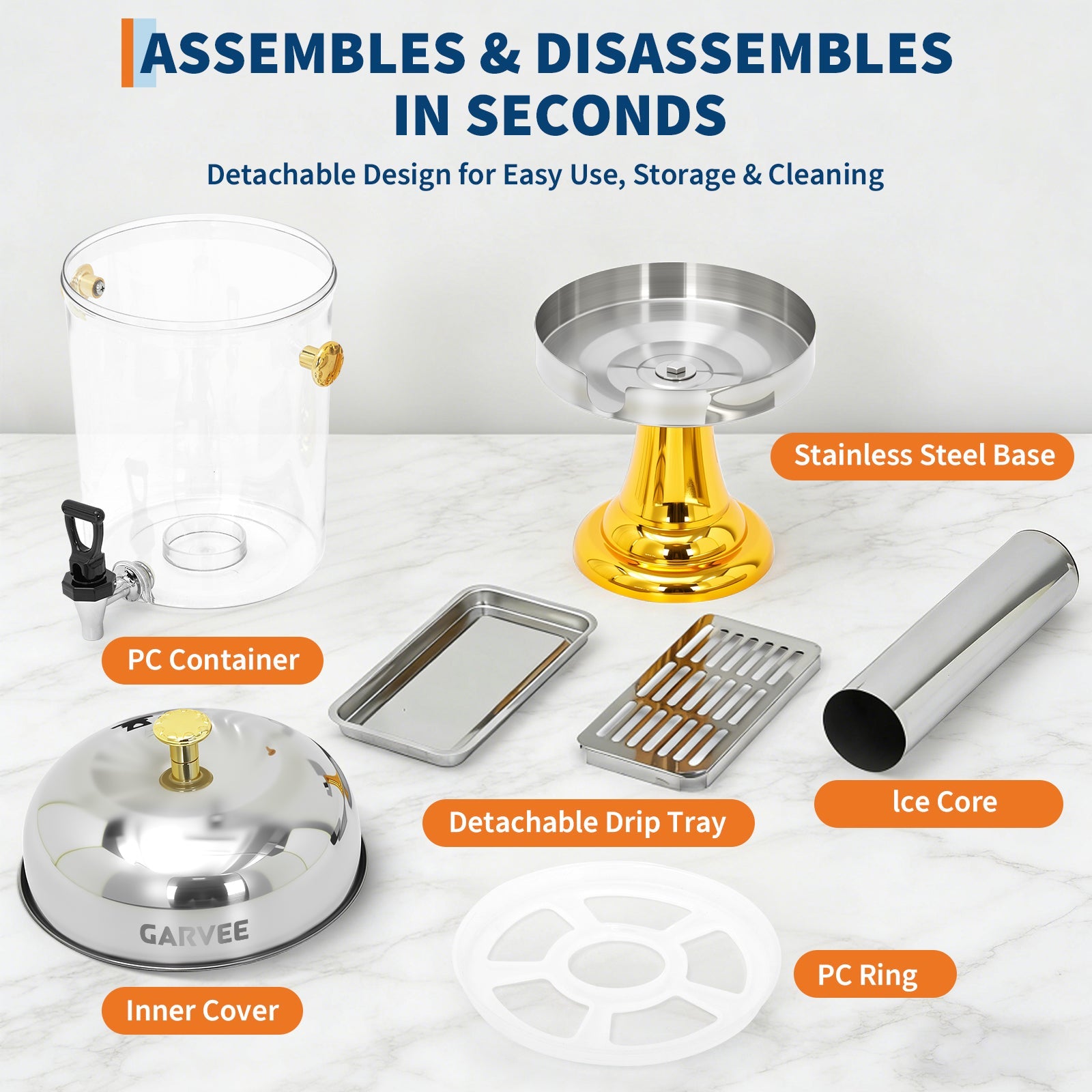 Garvee 2.2 Gallon Commercial Drink Dispenser, Stainless Steel Beverage Dispenser with Ice Core, Stand & Spigot for Cold Juice, Iced Tea and Lemonade at Parties & Weddings, Gold