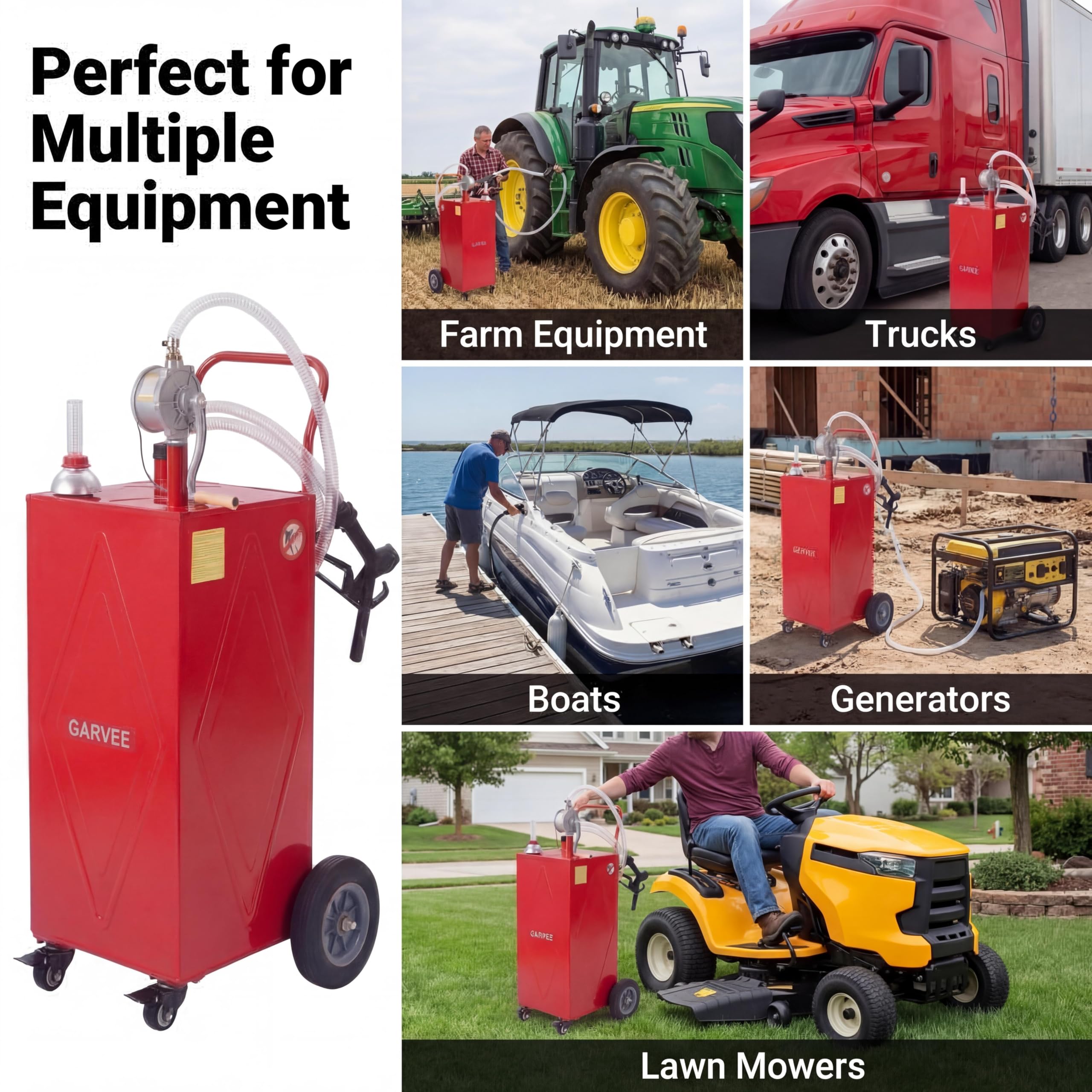 Garvee 35 Gallon Portable Fuel Caddy – Manual Rotary Pump, Heavy-Duty Steel Gas & Fuel Transfer Tank, 4 All-Terrain Wheels, Mobile Refueling for Trucks, Boats, ATVs, Lawn Mowers, Farm Equipment – Reinforced 4-wheeler - Red - Li Junjie