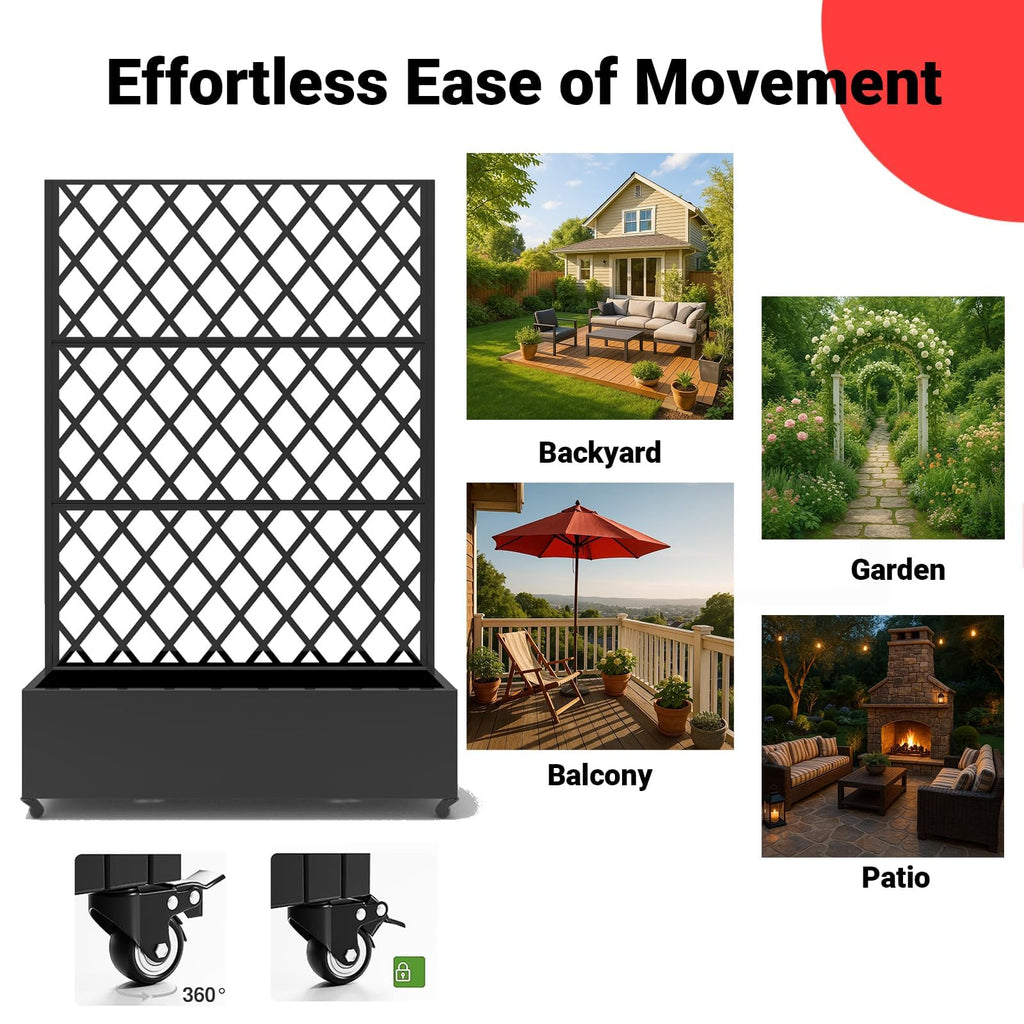 Garvee Raised Garden Bed with Trellis, 72" H × 47" W × 16" D Galvanized Steel Planter Box with Locking Wheels, Drainage Holes and Privacy Screen for Climbing Plants, Black
