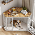Garvee Space-Saving Corner Dog Crate Furniture – Wooden Indoor Kennel End Table with 360° Rotating Door, Stainless Steel Feeding Bowls, Decorative Design for Small Dogs, Washed White, Classic + Washed White + White Iron Frame