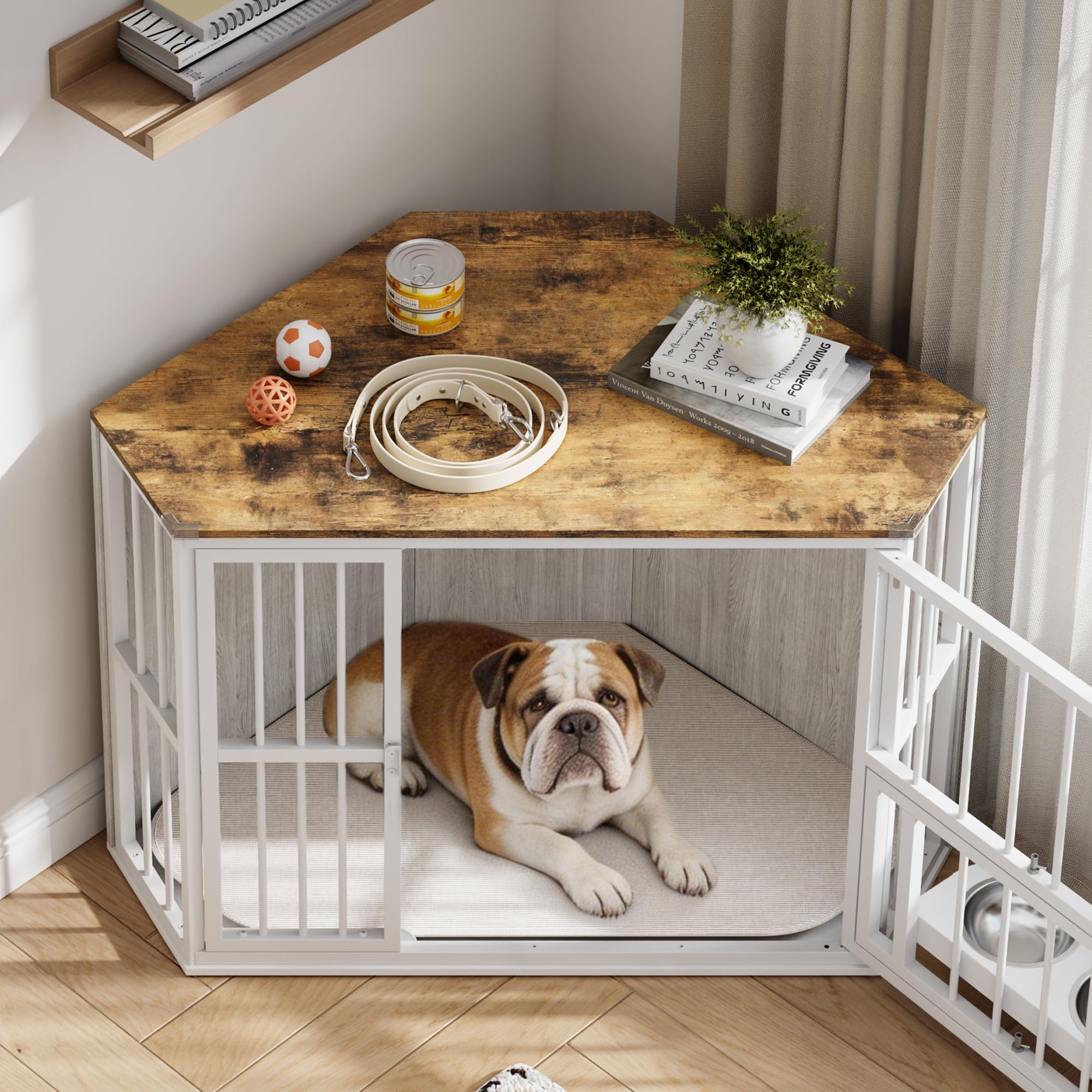 Garvee Space-Saving Corner Dog Crate Furniture – Wooden Indoor Kennel End Table with 360° Rotating Door, Stainless Steel Feeding Bowls, Decorative Design for Small Dogs, Washed White, Classic + Washed White + White Iron Frame